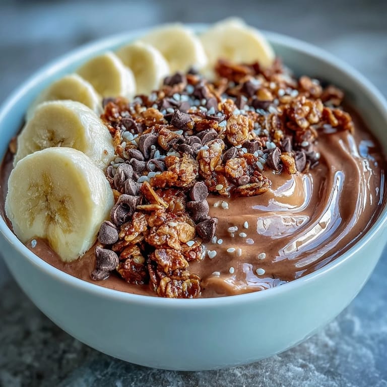 Overhead shot of homemade Chunky Monkey Smoothie Bowls with rich cocoa base, sliced bananas, and hemp seeds, ready to enjoy for an easy snack.