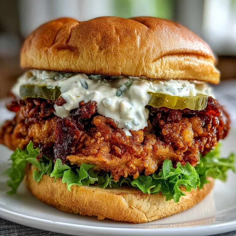 Spicy Chicken Sandwich layered with juicy chicken, pickles, and lettuce, drizzled with luscious creamy sauce.