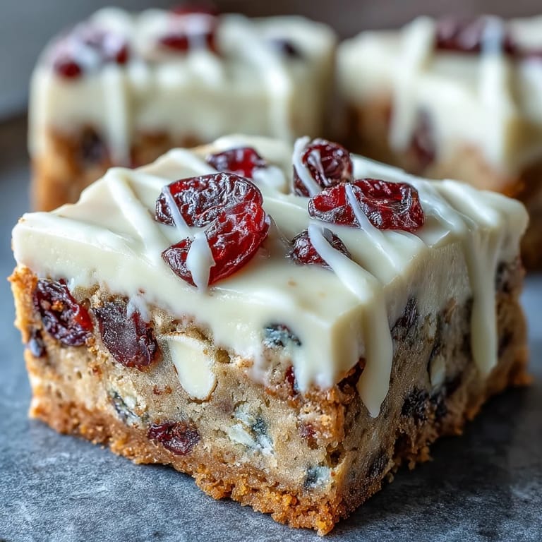 A close-up of Cranberry Bliss Bars shows soft, chewy texture, perfect for holiday dessert platters or afternoon coffee.
