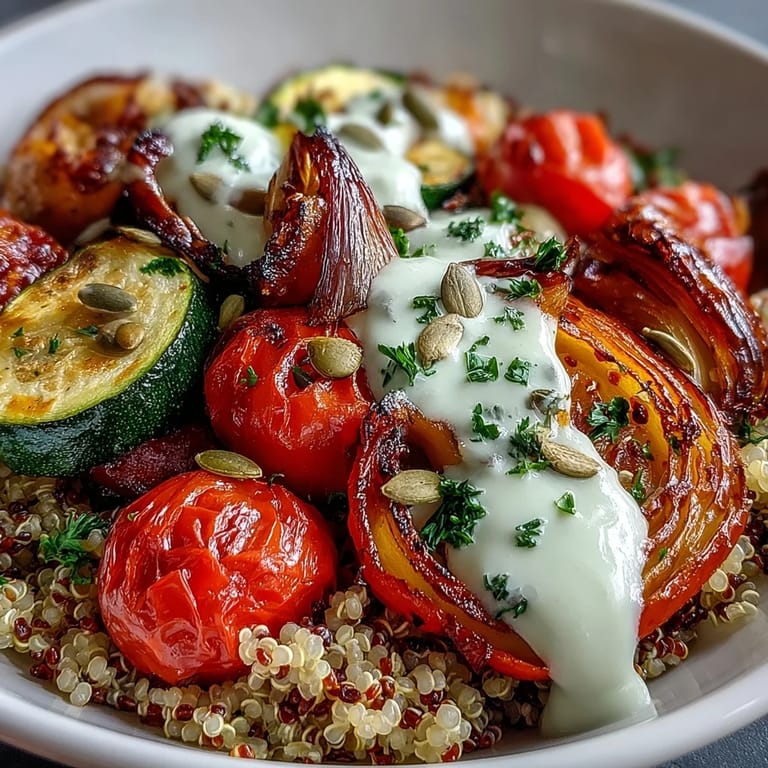This wholesome Mediterranean-inspired Roasted Vegetable Quinoa Bowl features caramelized veggies and a zesty lemon-tahini drizzle over warm grains.