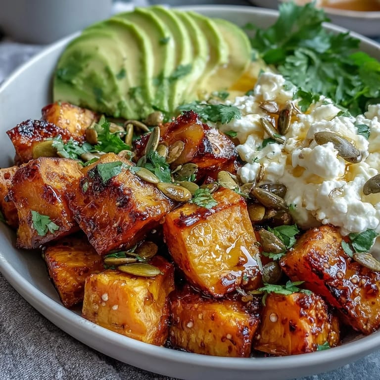 A close-up of the Hot Honey Sweet Potato Bowl, featuring crispy-edged sweet potatoes, fresh cilantro, and a generous cottage cheese scoop.