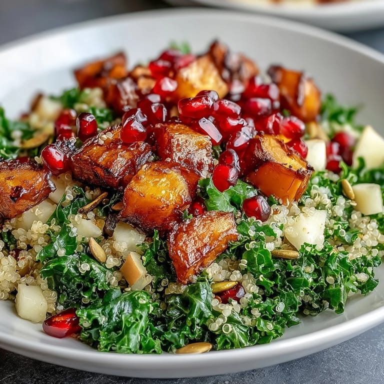 Close-up of a nutritious Kale Harvest Grain Bowl featuring fluffy quinoa, crisp apples, and crunchy pepitas.
