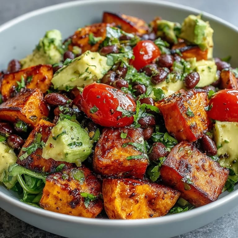 A plated Sweet Potato and Black Bean Bowl showcasing roasted vegetables, black beans, and avocado over greens with a lime dressing.