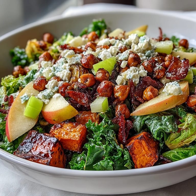 A freshly prepared Fall Harvest Bowl showcases crisp celery, juicy apple slices, toasted almonds, and a drizzle of dressing over hearty greens and grains.