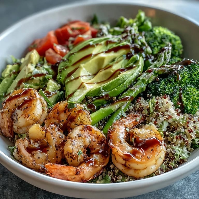 Close-up of a colorful Rainbow Vegetable Detox Bowl drizzled with tangy balsamic dressing, featuring juicy tomatoes and crisp asparagus.