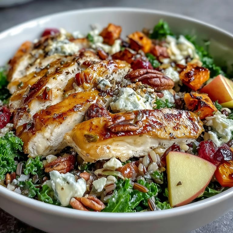 Colorful harvest bowl layered with roasted vegetables, wild rice, sliced chicken, and fresh apple, finished with goat cheese crumbles and almonds.