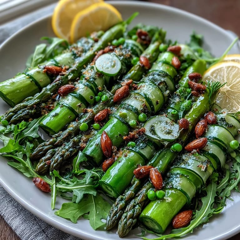 A bright and refreshing shaved asparagus and pea salad, perfect for spring with lemon zest and crunchy almonds.