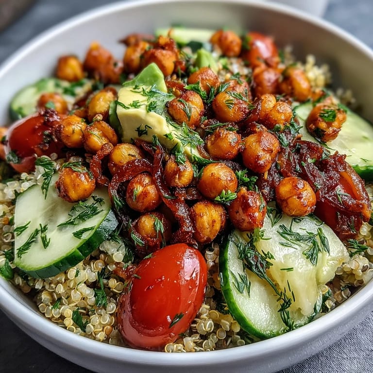 Lemon vinaigrette grain bowl featuring roasted chickpeas, colorful veggies, and creamy avocado for a satisfying meal.