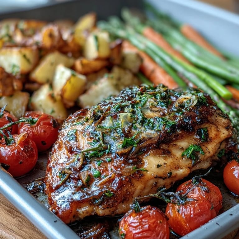 Healthy Easy Sheet Pan Chicken with Spring Veggies - a quick, nutritious dinner featuring tender chicken and crisp, seasonal vegetables baked on a single pan.