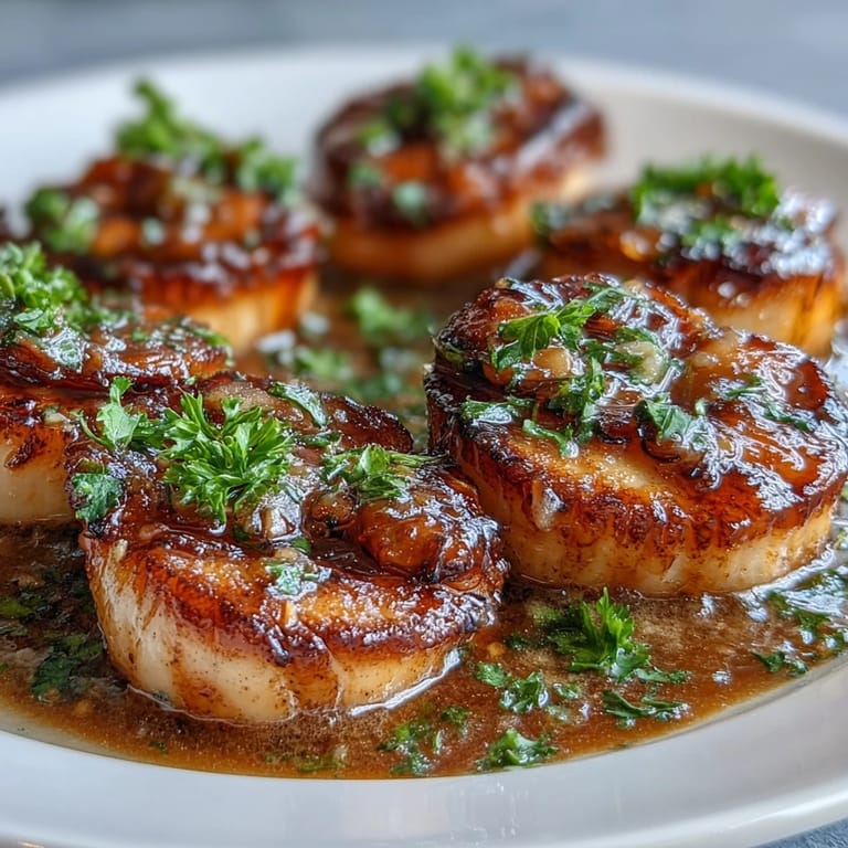 Plump scallops cooked in a fragrant garlic lemon butter sauce, garnished with chopped parsley for a bright, elegant spring dinner.