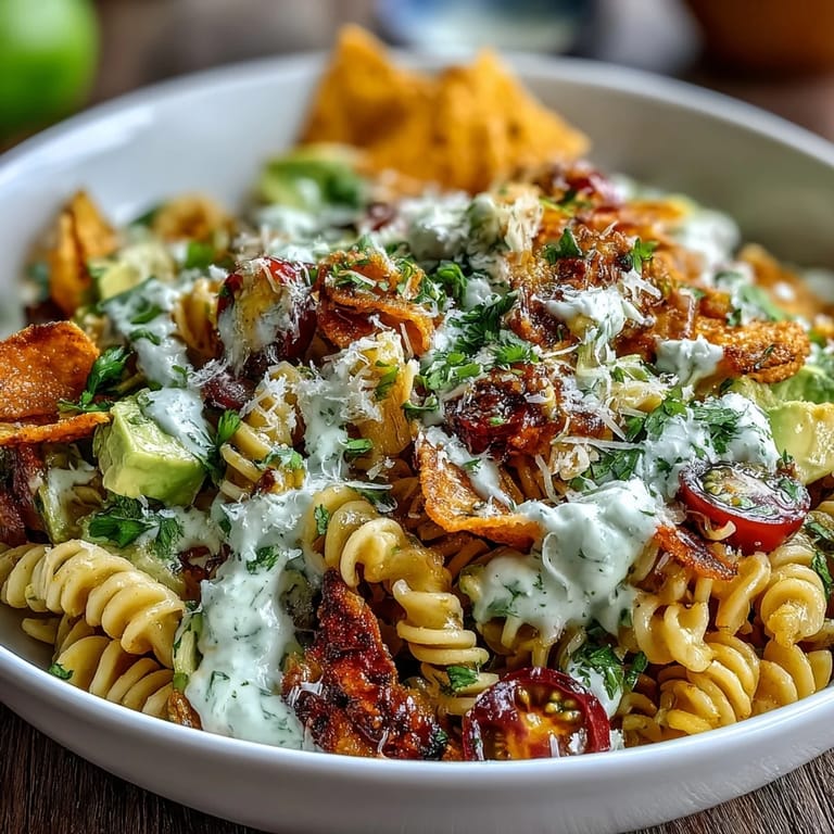 Creamy Tex-Mex Easy Taco Pasta Salad featuring black beans, corn, avocado, and zesty lime dressing in a colorful bowl.