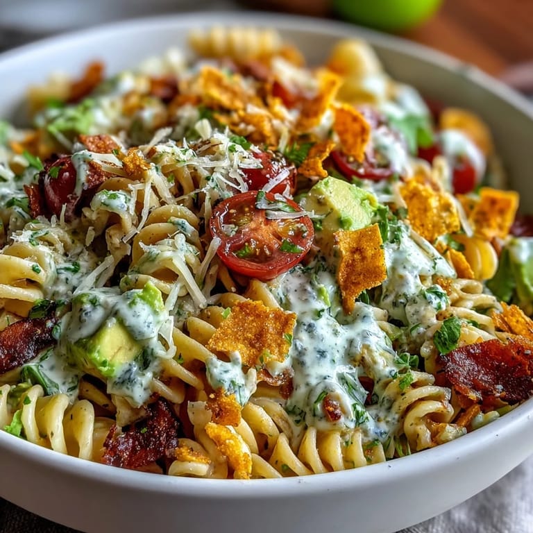 Fresh Easy Taco Pasta Salad loaded with cherry tomatoes, bell peppers, and cilantro, ideal for casual gatherings and BBQs.
