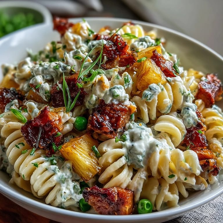 Refreshing Hawaiian pasta salad with ham, pineapple, and ranch, ideal for picnics and potlucks.