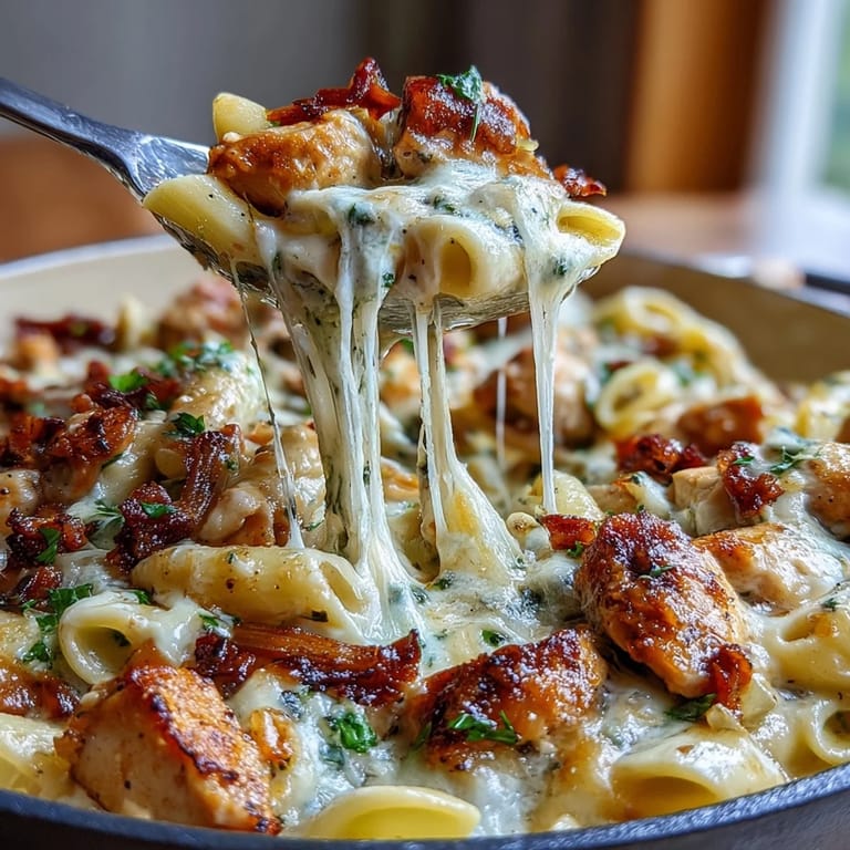 Savory French Onion Chicken Pasta with golden-brown onions, juicy chicken, and gooey cheese baked to bubbly perfection.