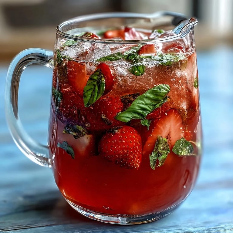 Refreshing strawberry basil lemonade mocktail with bright red strawberries, green basil, and ice cubes in a clear glass pitcher.