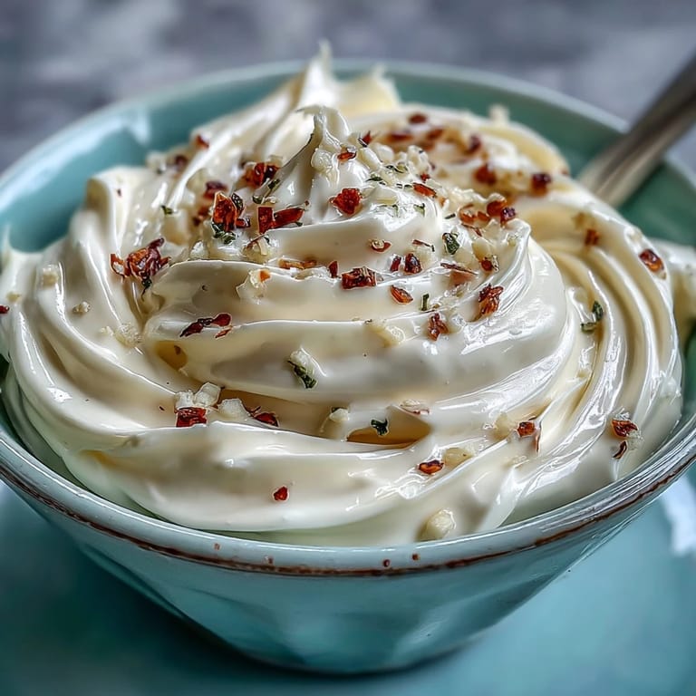 A bowl of homemade garlic aioli with fresh herbs, perfect for dipping vegetables or spreading on sandwiches.