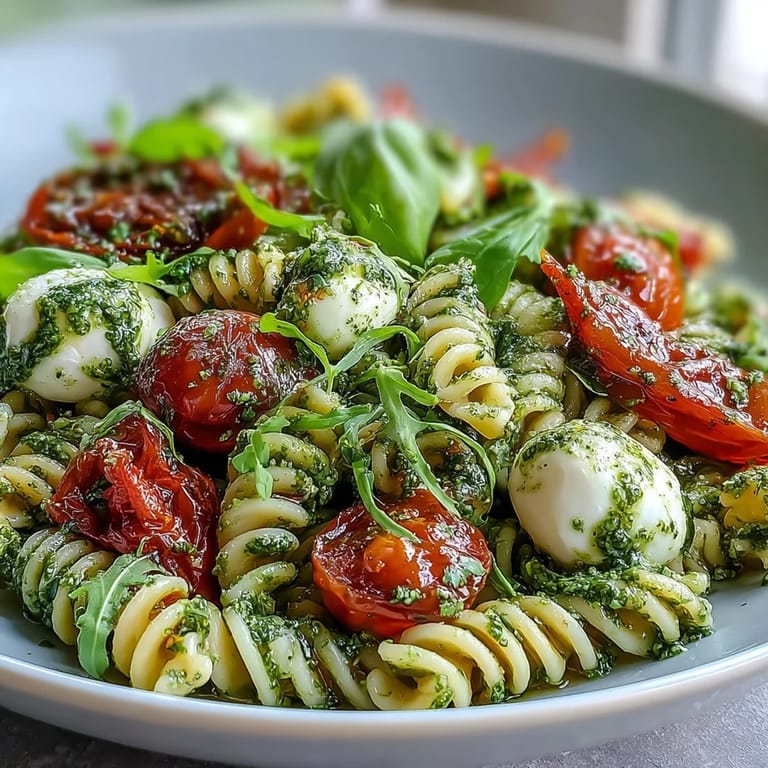 Creamy mozzarella and juicy cherry tomatoes mingle with al dente pasta in this aromatic pesto pasta salad, ideal for picnics or light meals.