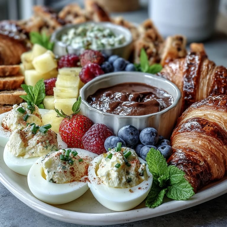 Celebrate Easter with a bountiful brunch board: deviled eggs, juicy fruit, and flaky pastries arranged for easy entertaining.