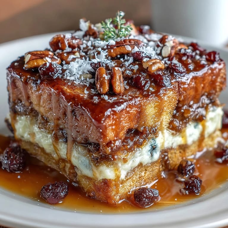 Close-up of capirotada mexicana topped with melted cheese and crunchy pecans, served warm with coconut flakes.