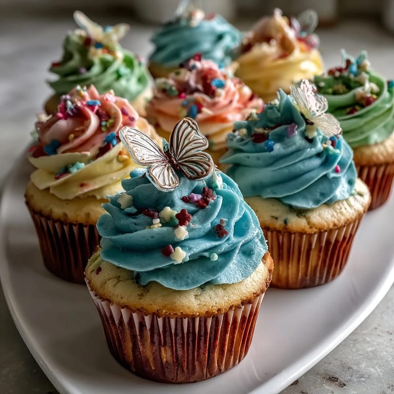 Spring Cupcakes with Pastel Butterfly Buttercream: soft vanilla cupcakes decorated with swirled pastel buttercream and delicate edible butterflies, ideal for springtime parties.