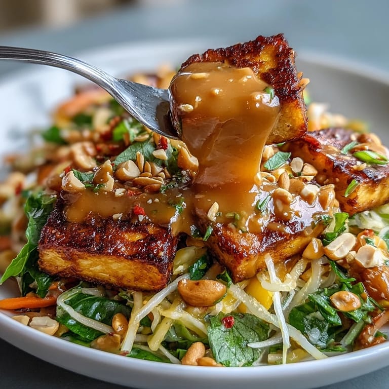 Juicy Thai Mango Salad with golden crispy tofu and delicious creamy peanut dressing.