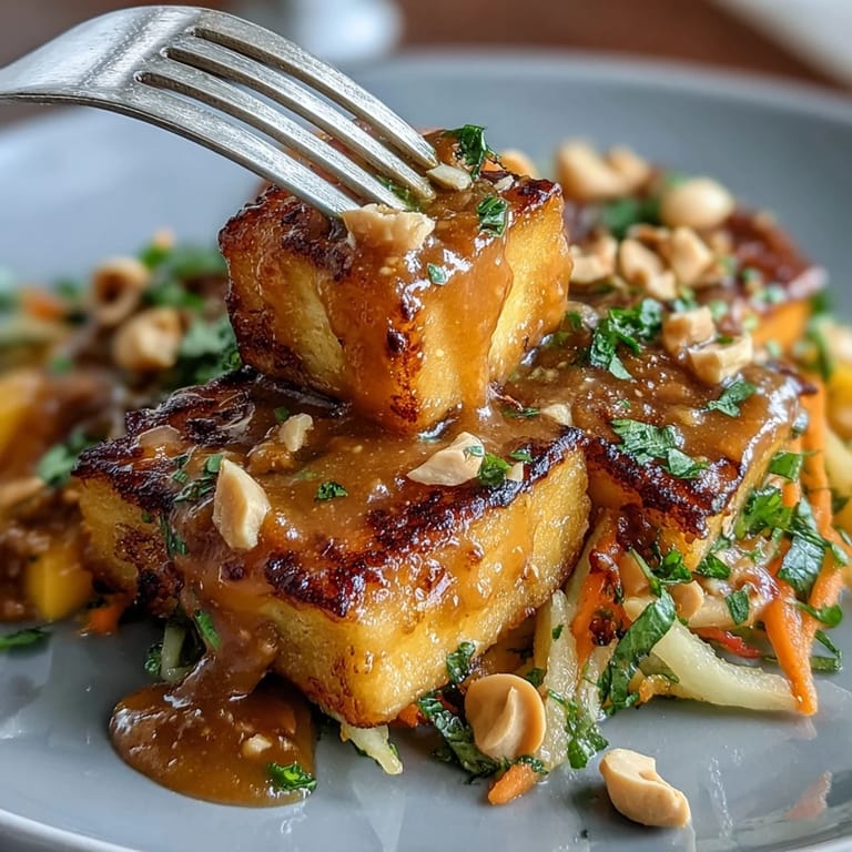 Fresh Thai Mango Salad, crunchy tofu, and bright flavors with savory peanut sauce.
