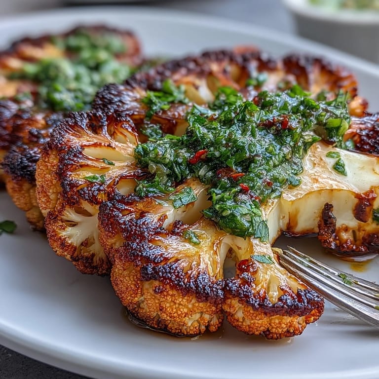 Charred BBQ Cauliflower Steaks glistening with herbaceous chimichurri, ready to serve.