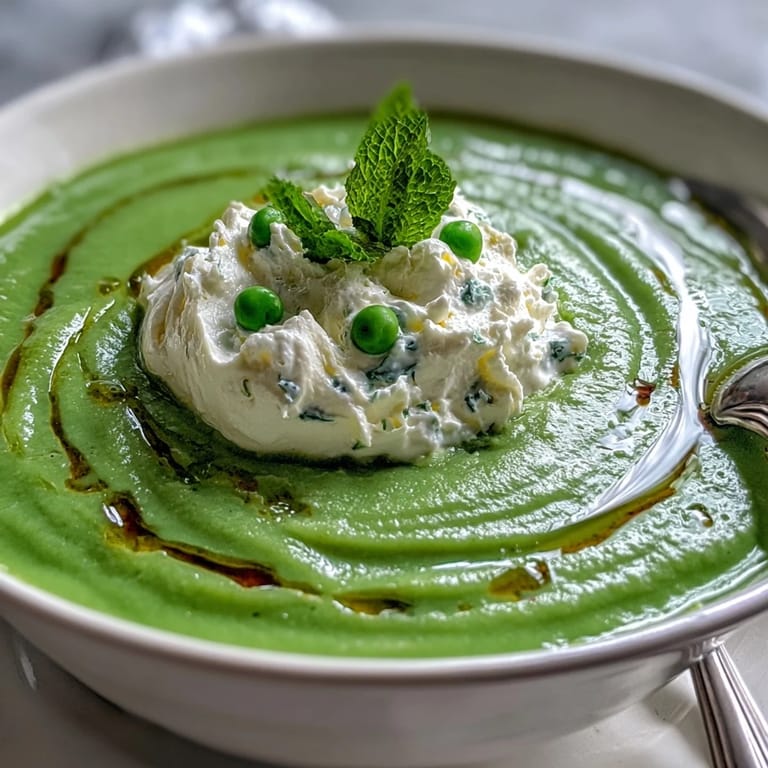 Delicate spring pea soup drizzled with bright mint oil and herbs.