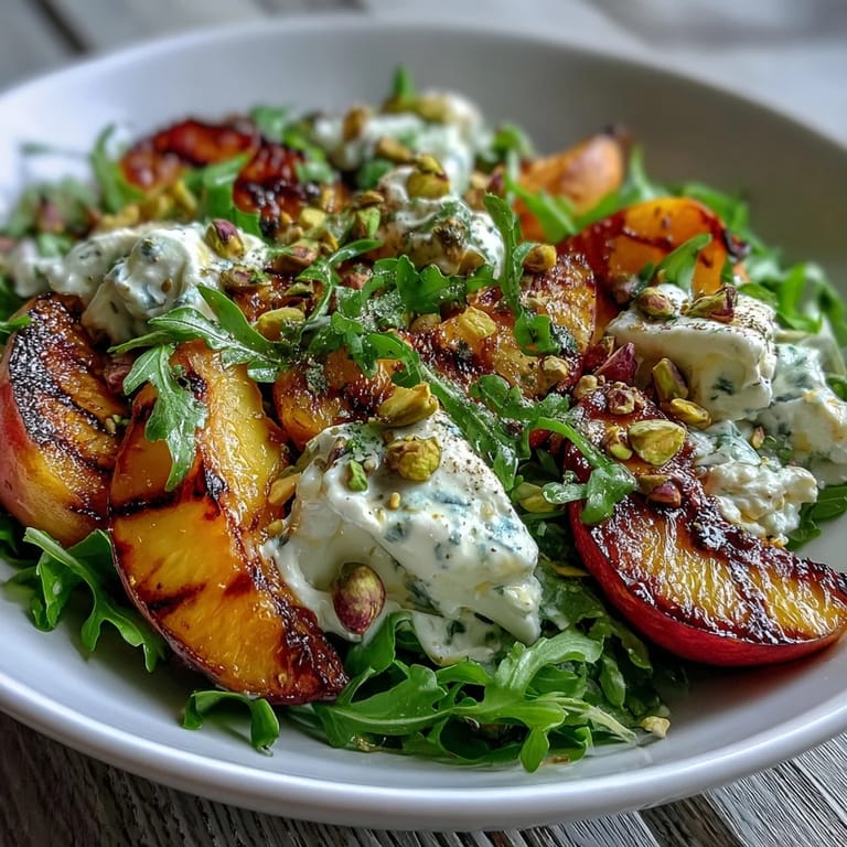 Creamy burrata salad with juicy grilled peaches, perfect for a summer lunch.