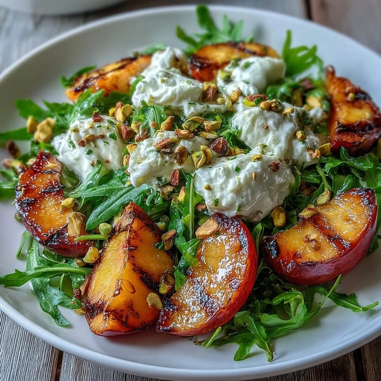 Vibrant grilled peach and burrata salad drizzled with honey balsamic dressing.