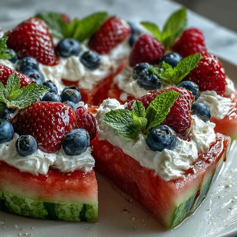 Red, white, and blue 4th of July Watermelon Pizza, a cool summer treat.