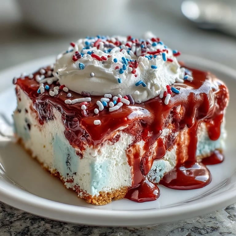 Moist Patriotic Poke Cake, a stunning dessert topped with whipped cream and sprinkles.
