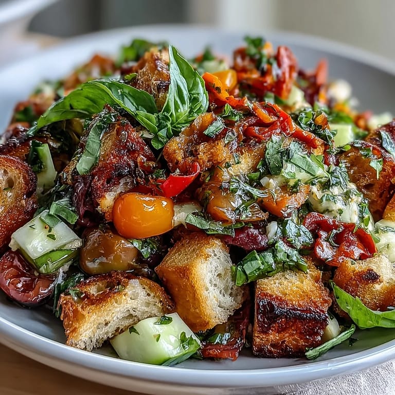 Rustic Summer Panzanella highlighting grilled bread chunks and ripe, garden-fresh tomatoes dressed.