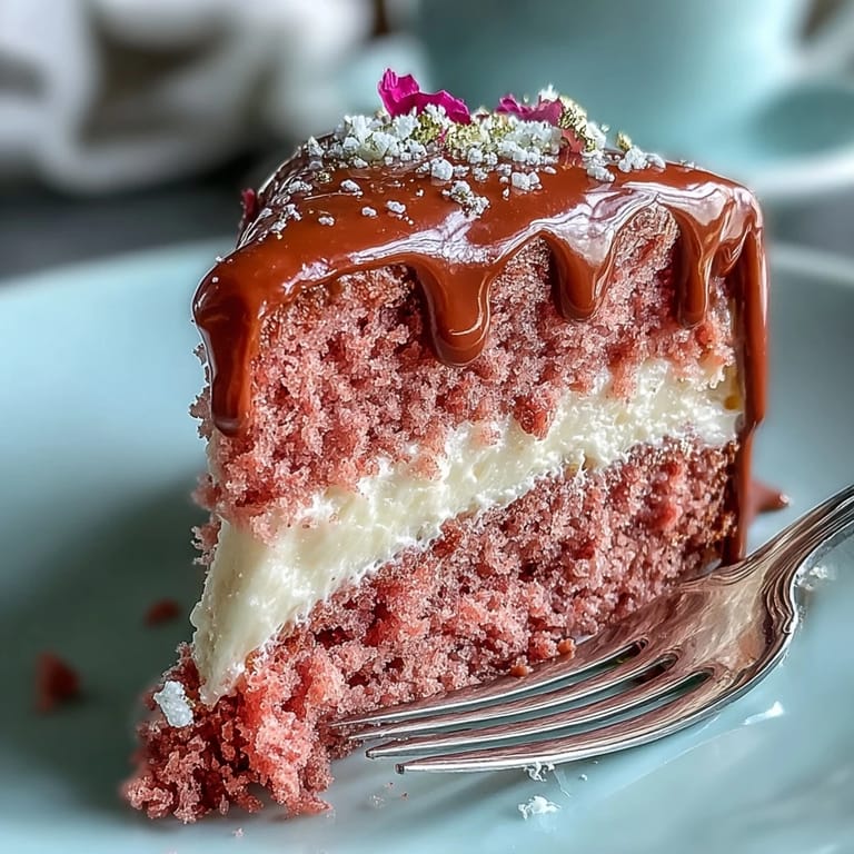 Decadent Rosé Velvet Cake, frosted and elegantly drizzled with shimmering gold.