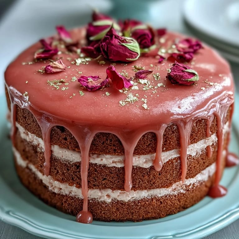 Glistening rosé velvet cake, beautifully adorned with a delicate gold drip finish.