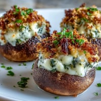 Golden-brown Stuffed Asiago-Basil Mushrooms with melted cheese and fresh herbs on a rustic wooden board.