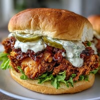 Golden-brown, spicy fried chicken breast stacked on a toasted brioche bun with pickles and fresh lettuce.