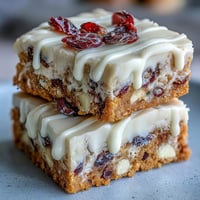 Freshly baked Cranberry Bliss Bars with chopped dried cranberries and white chocolate chips peeking from the golden crust.