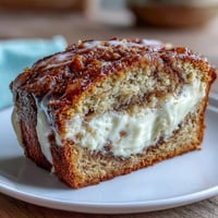 Freshly sliced Cream Cheese Cinnamon Swirl Banana Bread revealing creamy layers and a moist, tender crumb on a rustic plate.