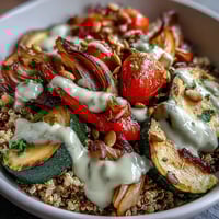 Brightly colored roasted vegetables and fluffy quinoa are topped with creamy tahini sauce in this vibrant Roasted Vegetable Quinoa Bowl.