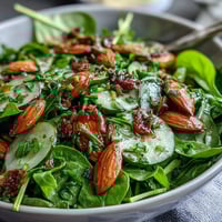 A vibrant spring green salad with honey mustard dressing, topped with crunchy toasted almonds and fresh herbs. A refreshing, crisp appetizer or light lunch.