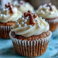 Mini First Communion cupcakes with buttercream and fondant rosary toppers for a sacred celebration.  