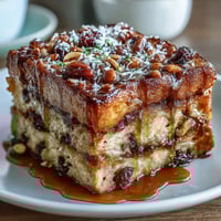 Warm slice of capirotada mexicana with melted cheese and dried fruits, a traditional Mexican bread pudding dessert.