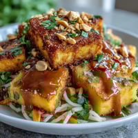 Vibrant Thai Mango Salad with Crispy Tofu topped with luscious peanut sauce.