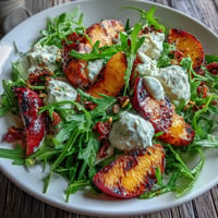 Close-up of grilled peach and burrata salad with basil and pistachios.