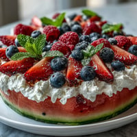 Festive 4th of July Watermelon Pizza topped with creamy swirls and fresh berries.