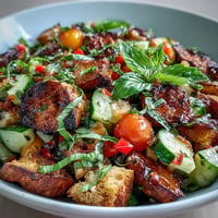 Colorful Summer Panzanella with smoky grilled bread and fresh, juicy tomatoes.